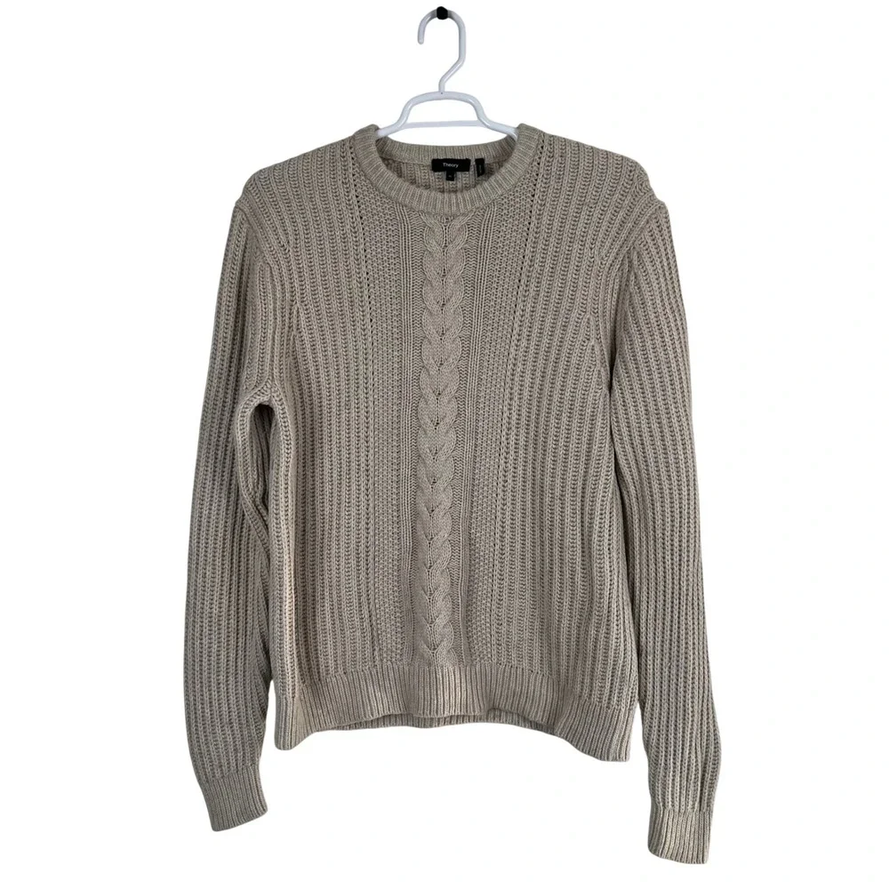 Theory Mens Vilare C Crew Dane Wool Cashmere Cable Knit Sweater Tan XL Fisherman